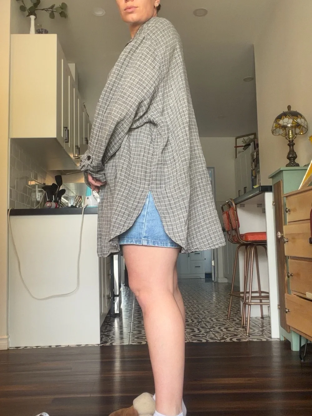 Flax Windowpane Linen Shirt Dress in Gray, black and Cream plaid - Picture 16 of 17
